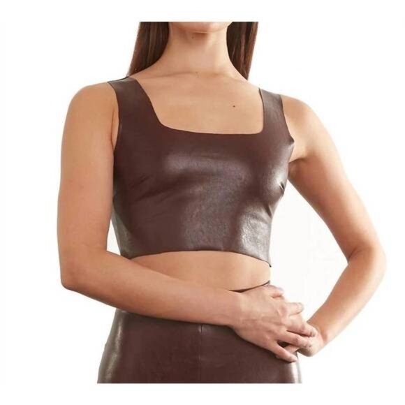 Commando Faux Leather Crop Top Size XL Sleeveless Square Neck Brown Burgundy - Picture 1 of 9